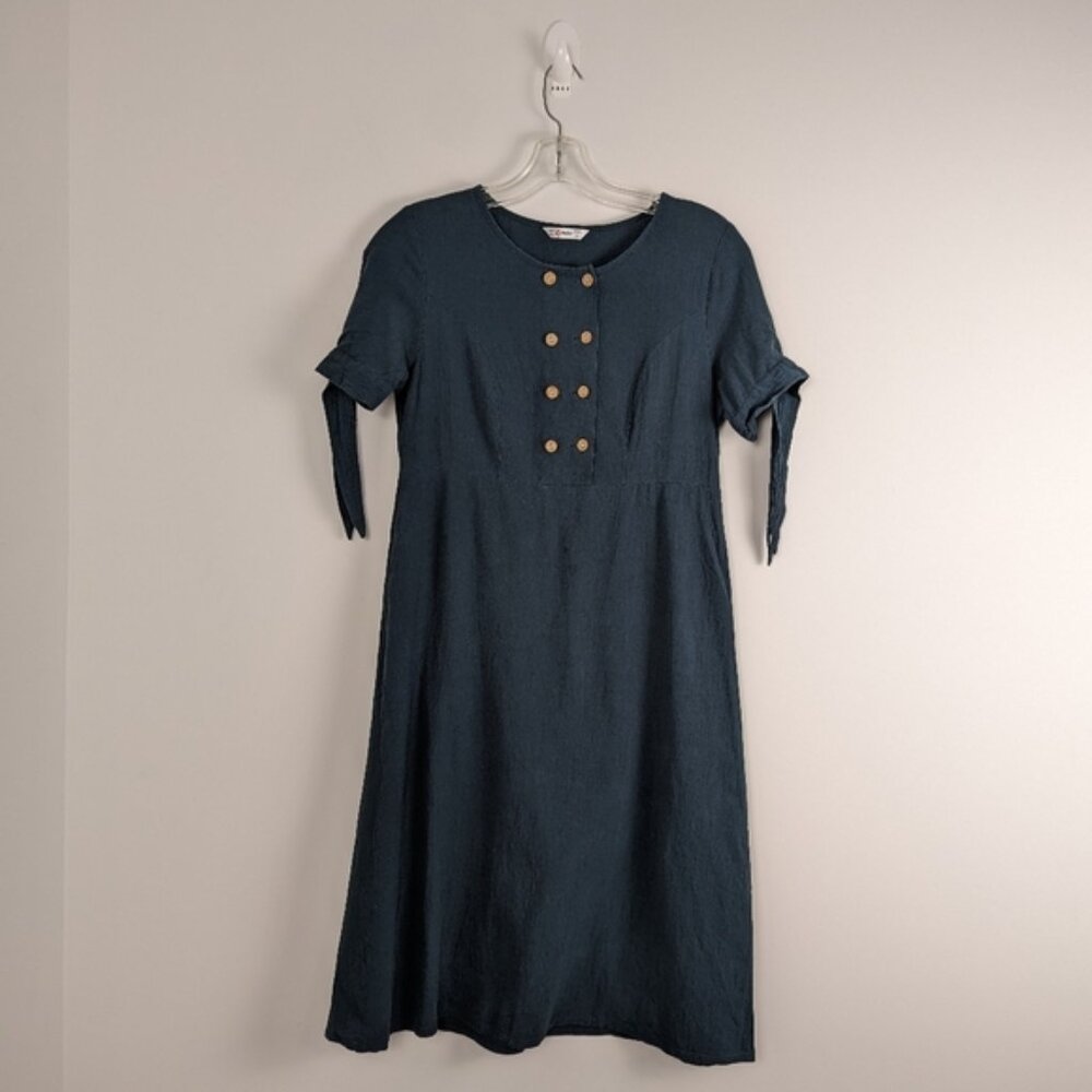 Casual Denim Button Detail Dress with Tie Sleeves - Size L